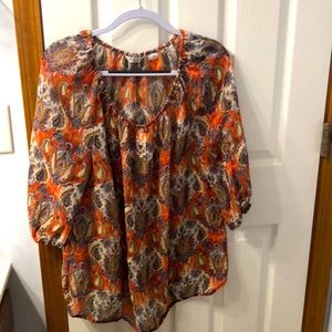 Orange and blue peasant blouse, 3/4 sleeve, 1X